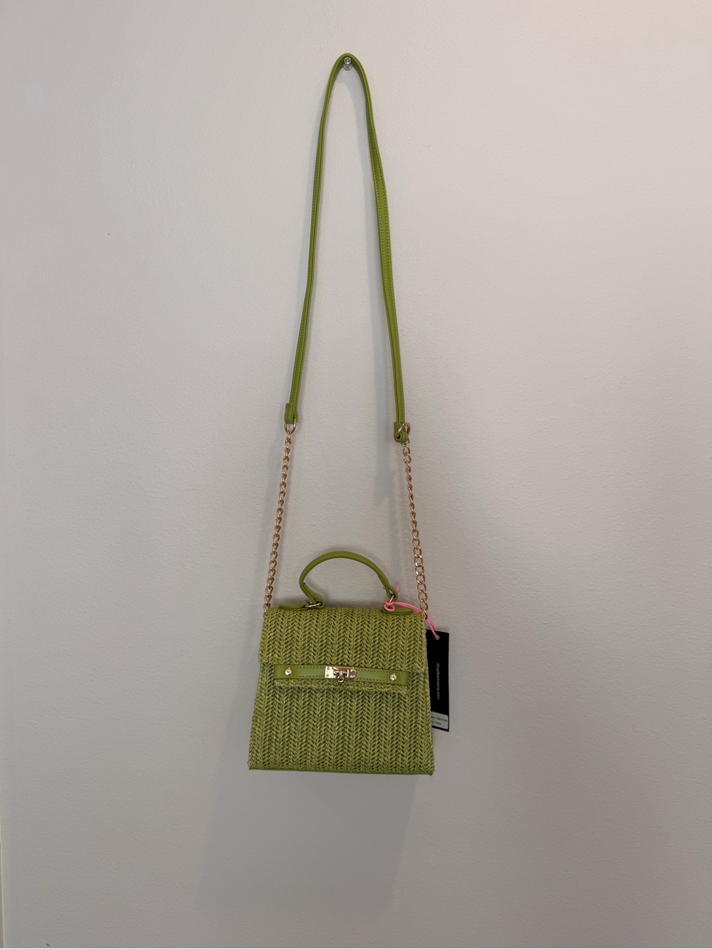 Green Woven Top-Handle Crossbody Bag with Gold Chain Strap